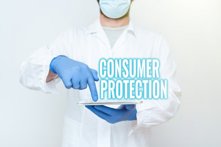 Sign displaying Consumer Protection. Business approach Fair Trade Laws to ensure Consumers Rights Protection Demonstrating Medical Technology, Presenting New Scientific Discoveryの写真素材
