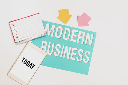 Text showing inspiration Modern Business. Business approach Introduction to the philosophy of large corporate enterprise Display of Different Color Sticker Notes Arranged On flatlay Lay Backgroundの写真素材