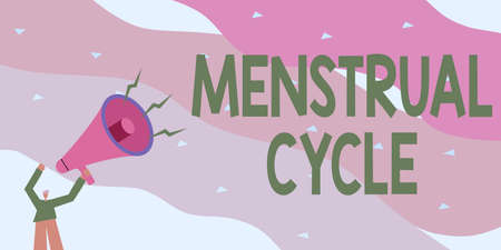 Sign displaying Menstrual Cycle. Business approach monthly cycle of changes in the ovaries and uterus lining Illustration Of A Man Pointing Away Holding Megaphone Making New Announcement.の写真素材