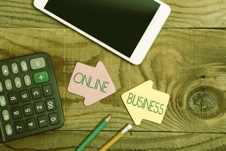 Text showing inspiration Online Business. Concept meaning Commercial transaction sharing information in the internet Display of Different Color Sticker Notes Arranged On flatlay Lay Backgroundの写真素材