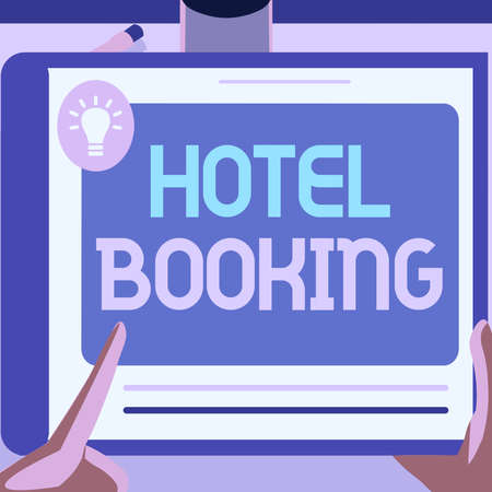 Text sign showing Hotel Booking. Business approach Online Reservations Presidential Suite De Luxe Hospitality Illustration Of A Hand Using Big Tablet Searching Plans For New Amazing Ideasの写真素材