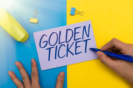 Text caption presenting Golden Ticket. Business showcase Rain Check Access VIP Passport Box Office Seat Event Flashy School Office Supplies, Teaching Learning Collections, Writing Tools,の写真素材