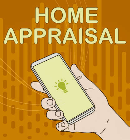 Handwriting text Home Appraisal. Business idea Determines the real worth and the Evaluation of property Hand Holding Mobile Device With Blank Screen Showing New Technology.の写真素材