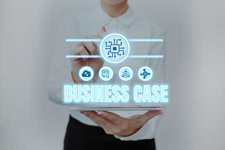 Inspiration showing sign Business Case. Business approach Proposition Undertaking Verbal Presentation New Task Lady In Uniform Standing Holding Tablet Typing Futuristic Technologies.の写真素材