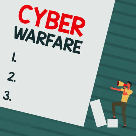 Text sign showing Cyber Warfare. Business approach Virtual War Hackers System Attacks Digital Thief Stalker Man Standing Drawing Holding Megaphone Pointing Blank Wall.の写真素材