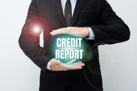 Sign displaying Credit Report. Concept meaning Borrowing Rap Sheet Bill and Dues Payment Score Debt History Presenting New Plans And Ideas Demonstrating Planning Processの写真素材