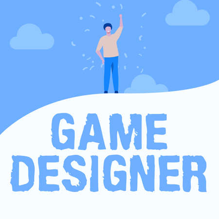 Conceptual display Game Designer. Word for Campaigner Pixel Scripting Programmers Consoles 3D Graphics Man Drawing Raising Hand Sky Standing Hill Showing Success.の写真素材