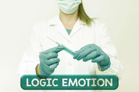 Hand writing sign Logic Emotion. Business idea Unpleasant Feelings turned to Self Respect Reasonable Mind Preparing Medical Vaccine Presenting New Medicine Formulationの写真素材