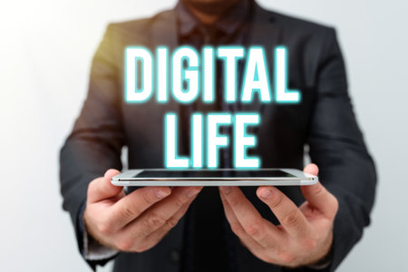 Sign displaying Digital Life. Business approach Living in a world interconnected through Internet Multimedia Presenting New Technology Ideas Discussing Technological Improvementの写真素材