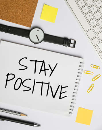 Inspiration showing sign Stay Positive. Business approach Engage in Uplifting Thoughts Be Optimistic and Real Flashy School Office Supplies, Teaching Learning Collections, Writing Tools,の写真素材