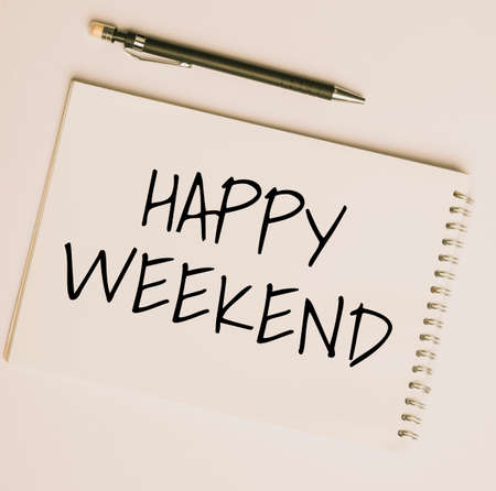 Text sign showing Happy Weekend. Business showcase Cheerful rest day Time of no office work Spending holidays Flashy School Office Supplies, Teaching Learning Collections, Writing Tools,の写真素材