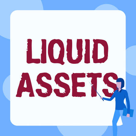 Inspiration showing sign Liquid Assets. Business showcase Cash and Bank Balances Market Liquidity Deferred Stock Lady Standing Holding Notebook While Pointing Stick In Blank Whiteboard.の写真素材