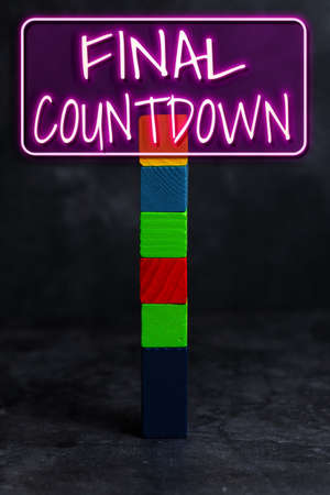 Writing displaying text Final Countdown. Conceptual photo Last moment of any work having no posibility of discusion Stack of Sample Cube Rectangular Boxes On Surface Polished With Multi-Colourの写真素材