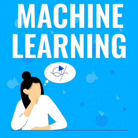 Conceptual display Machine Learning. Business showcase the concept that a computer can learn new data itself Illustration Of Lady Thinking Deeply Alone For New Amazing Tactical Ideas.の写真素材