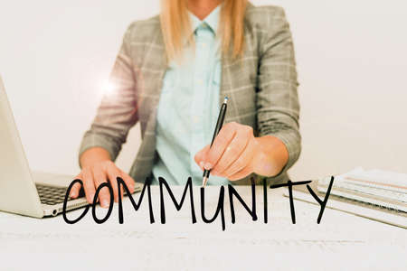 Handwriting text Community. Concept meaning specific population with a common characteristics living...
