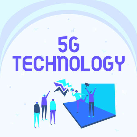 Text sign showing 5G Technology. Internet Concept highspeed mobile Internet, new generation wireless system networks Illustration Of Couple On Stage Making Announcement To The Small Crowd.の写真素材
