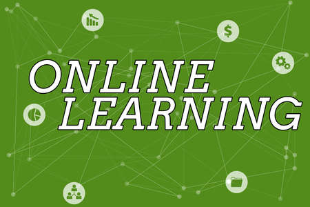 Hand writing sign Online Learning. Word for taking a course that can be accessed over the Internet Line Illustrated Backgrounds With Various Shapes And Colours.の写真素材