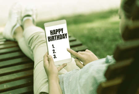 Text caption presenting Happy Birthday. Concept meaning The birth anniversary of a person is celebrated with presents Online Jobs And Working Remotely Connecting People Togetherの写真素材