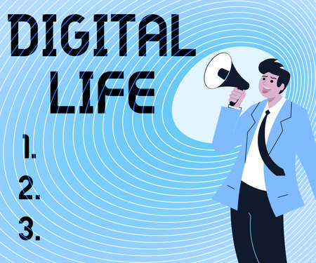 Handwriting text Digital Life. Business overview Living in a world interconnected through Internet Multimedia Illustration Of A Man Pointing Away Holding Megaphone Making New Announcementの写真素材