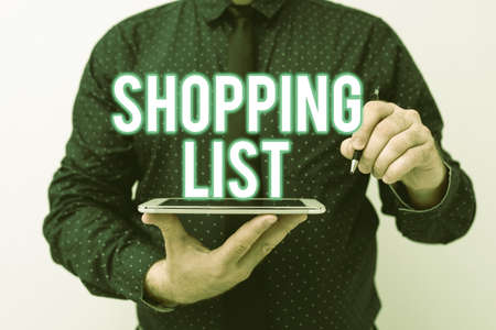 Text showing inspiration Shopping List. Business idea Discipline approach to shopping Basic Items to Buy Presenting New Technology Ideas Discussing Technological Improvementの写真素材