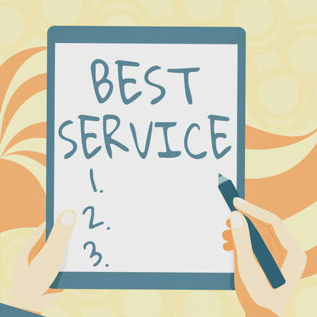 Handwriting text Best Service. Business idea finest reviewed assistance provided by a system to its customer Drawing Of Both Hands Holding Tablet Lightly Presenting Wonderful Ideasの写真素材