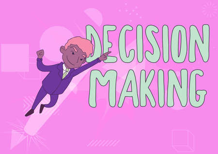 Conceptual display Decision Making. Conceptual photo The act of deciding between two or more possibilities Man Drawing In Uniform Standing Pointing Upward Displaying Leadership.の写真素材