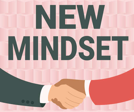 Inspiration showing sign New Mindset. Concept meaning freshly madeup thoughts and beliefs shaping a person s is mind Two Men Drawing With Paper Background Shake Hands Presenting Agreementの写真素材