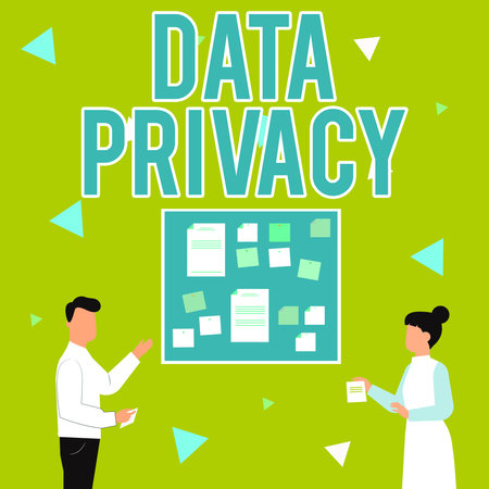 Text sign showing Data Privacy. Business overview internet security and digital protection of website or landing homepage Illustration Of Couple Presenting Ideas Holding Notes Sticking On Boards.の写真素材