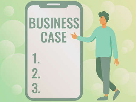 Text showing inspiration Business Case. Internet Concept Proposition Undertaking Verbal Presentation New Task Man Drawing Standing Next To A Large Phone Pointing Out Technologies.の写真素材