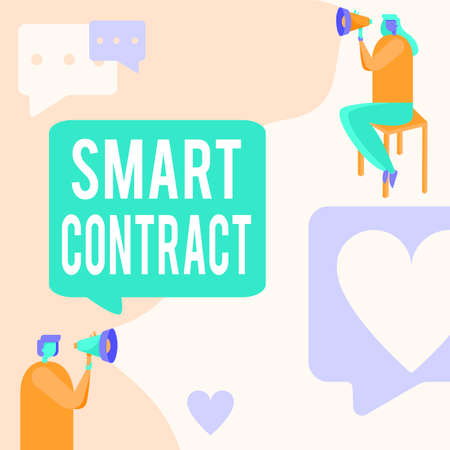 Conceptual caption Smart Contract. Business approach digital agreement to control the transfer of digital currencies Man Standing And Woman Sitting Both Holding Megaphone With Message Symbol.の写真素材