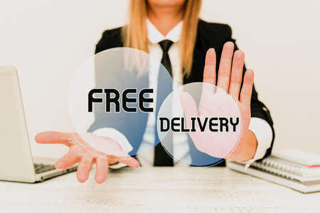 Inspiration showing sign Free Delivery. Business concept Shipping Package Cargo Courier Distribution Center Fragile Explaining Company Problem, Abstract Providing Dispute Solutionsの写真素材