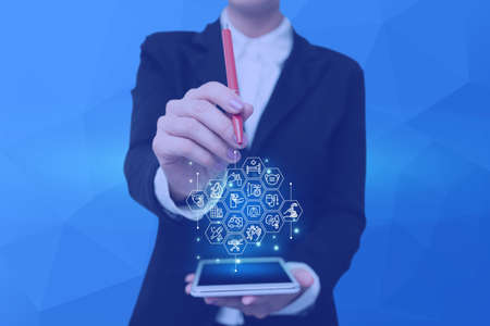 Lady Pressing Screen Of Mobile Phone Showing The Futuristic Technology. Palm Tapping Cell Phone...