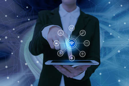 Lady Pressing Screen Of Mobile Phone Showing The Futuristic Technology. Palm Tapping Cell Phone...