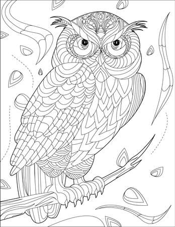 Owl Standing On Tree Branch With Geometric Details Line Drawing For Coloring Bookのイラスト素材