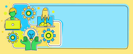 Hands Holding Lamp And Rocket Launch With Businessman Working Presenting New Ideas And Project Startups. Man Using Laptop With Palms Carrying Bulb Showing Recent Discoveries.のイラスト素材