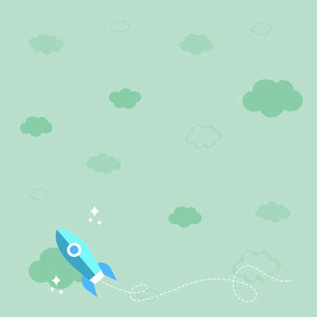 Rocket Ship Launching Fast Straight Up To The Outer Space. Spaceship Drawing Flying High At Sky. Space Shuttle Cartoon Floating At The Air.のイラスト素材