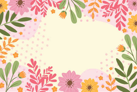 Blank Frame Decorated With Colorful Flowers And Foliage Arranged Harmoniously. Empty Poster Border Surrounded By Multicolored Bouquet Organized Pleasantly.のイラスト素材