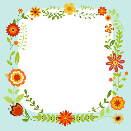 Blank Frame Decorated With Colorful Flowers And Foliage Arranged Harmoniously. Empty Poster Border Surrounded By Multicolored Bouquet Organized Pleasantly.のイラスト素材