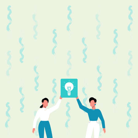 Two Colleagues Holding Lamp Presenting New Achievement Reached. Partners Raising Up Light Bulb Showing New Idea Discovered Sharing Discovery.のイラスト素材