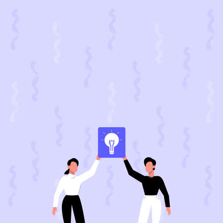 Two Colleagues Holding Lamp Presenting New Achievement Reached. Partners Raising Up Light Bulb Showing New Idea Discovered Sharing Discovery.のイラスト素材