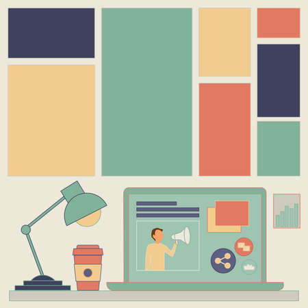 Laptop Resting On A Table Beside Coffee Mug And Desk Lamp Showing Work Process. Minicomputer Sitted Top Of Desk Next To Cup Along With Bulb Displaying Remote Job Projects.のイラスト素材