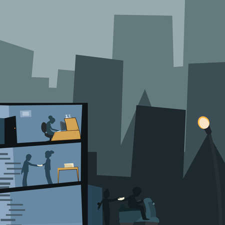 Office Building With Skyscrapers Drawing Showing City Skyline. Different High-Rise Buildings Showing Cityscape Horizon.Towering Architectures Spread Across The Town.のイラスト素材