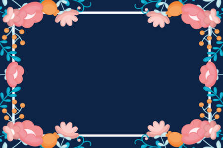 Blank Frame Decorated With Colorful Flowers And Foliage Arranged Harmoniously. Empty Poster Border Surrounded By Multicolored Bouquet Organized Pleasantly.のイラスト素材