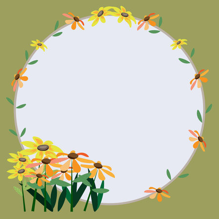 Blank Frame Decorated With Colorful Flowers And Foliage Arranged Harmoniously. Empty Poster Border Surrounded By Multicolored Bouquet Organized Pleasantly.のイラスト素材