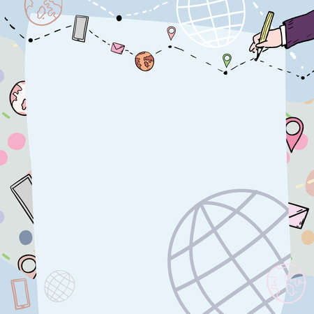 Plain Whiteboard With Hand Drawing Guide Line For Steps Over World Globe. Setting New Landmarks With Empty Notes Areas Over Earth Plan.のイラスト素材