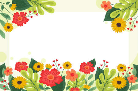 Blank Frame Decorated With Abstract Modernized Forms Flowers And Foliage. Empty Modern Border Surrounded By Multicolored Line Symbols Organized Pleasantly.のイラスト素材