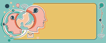 Multiple Heads Conttected Showing World Globe New Technology Ideas. Gears In Brain Symbols Design Displaying Mechanical And Technical Idea.のイラスト素材