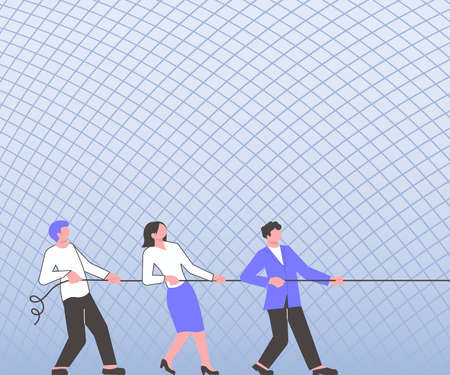 Three Colleagues Pulling Rope Together Presenting Teamwork Success Plans. Partners Grabbing Line Showing Meaning Of Harmony At Office Reaching Targets.のイラスト素材