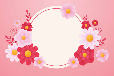 Blank Frame Decorated With Colorful Flowers And Foliage Arranged Harmoniously. Empty Poster Border Surrounded By Multicolored Bouquet Organized Pleasantly.のイラスト素材