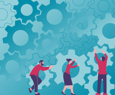 Three Colleagues Carrying Cogwheels Arranging Newest Workflow Achieving Teamwork. Partners Holding Gears Setting Up Future Systems Presenting Combined Effort.のイラスト素材